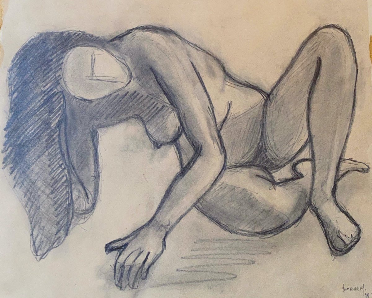 Original Nude Drawing In Charcoal Signed Borner 1950