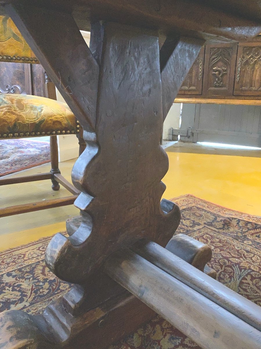 17th Century Monastery Table In Solid Walnut, Uprights With Keys Tray In 2 Planks-photo-4