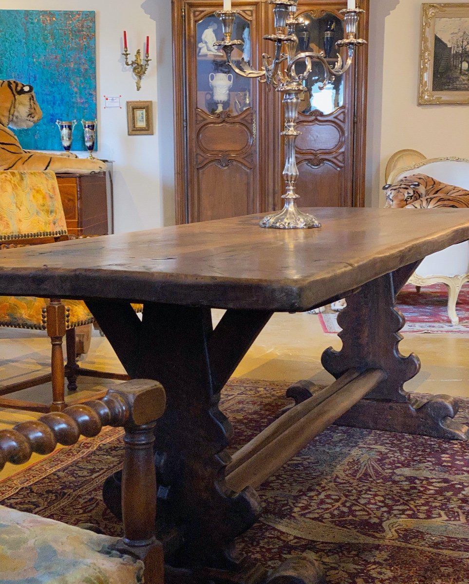 17th Century Monastery Table In Solid Walnut, Uprights With Keys Tray In 2 Planks