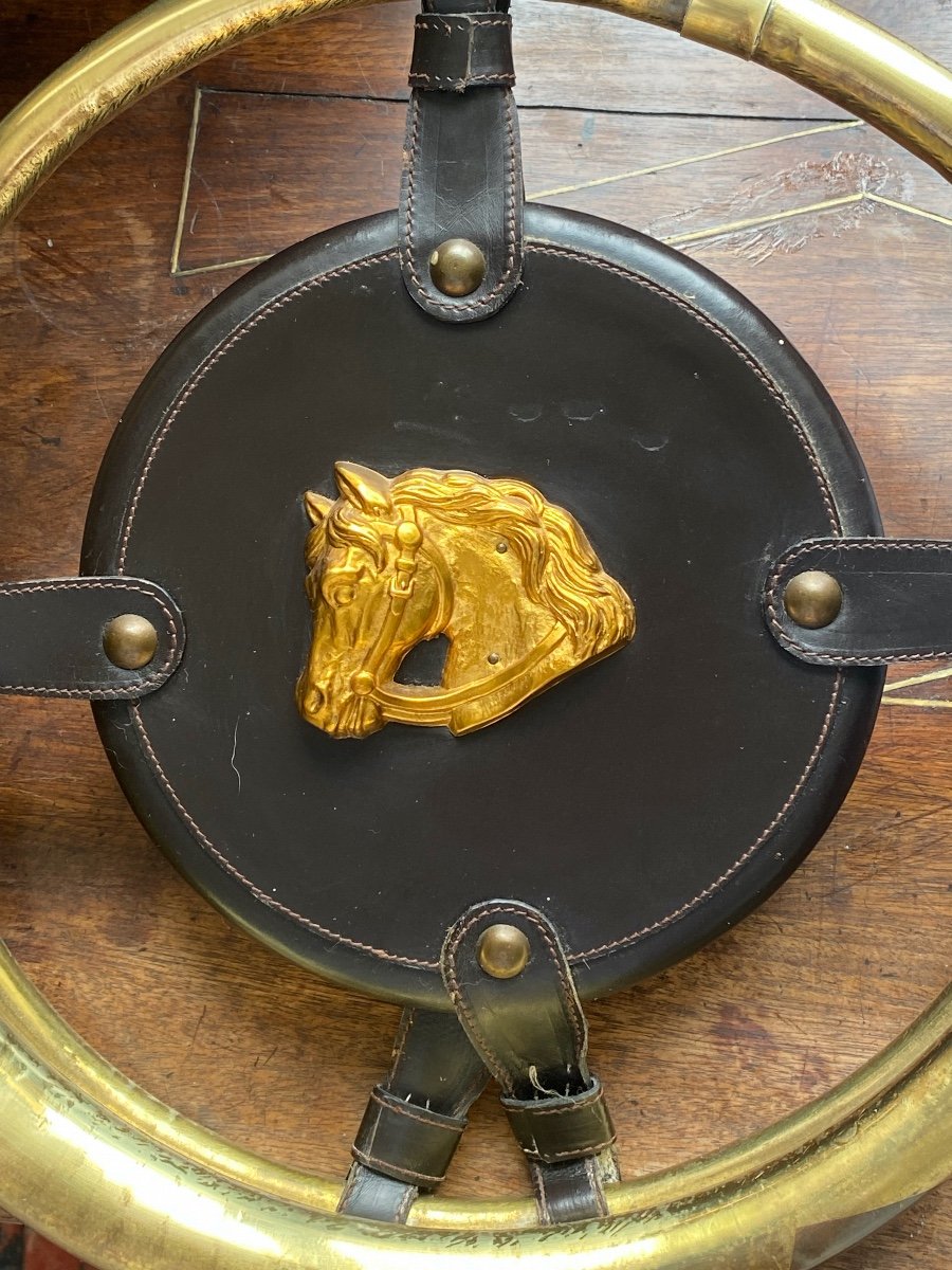 Old Hunting Horn Lamp With A Horse Head On A Leather Background Attributed To Hermes-photo-2