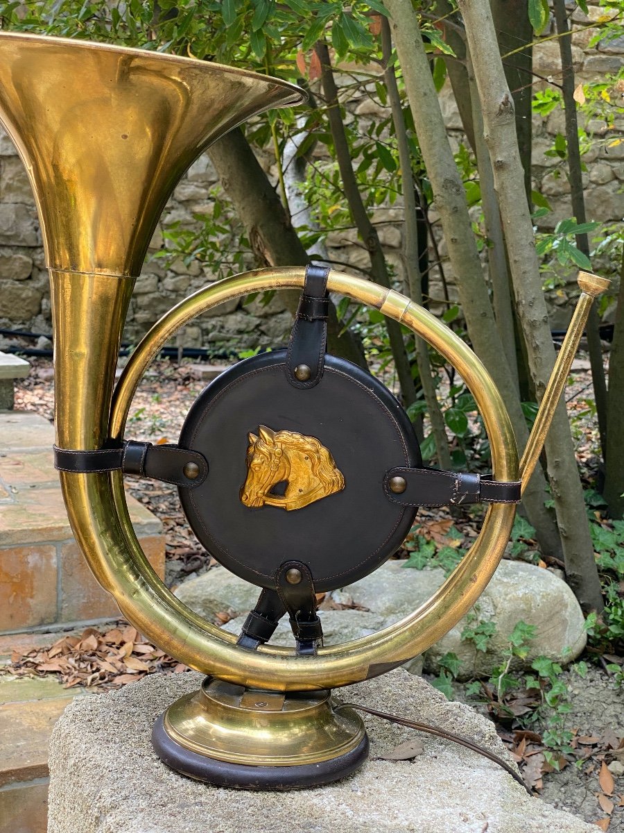 Old Hunting Horn Lamp With A Horse Head On A Leather Background Attributed To Hermes-photo-1