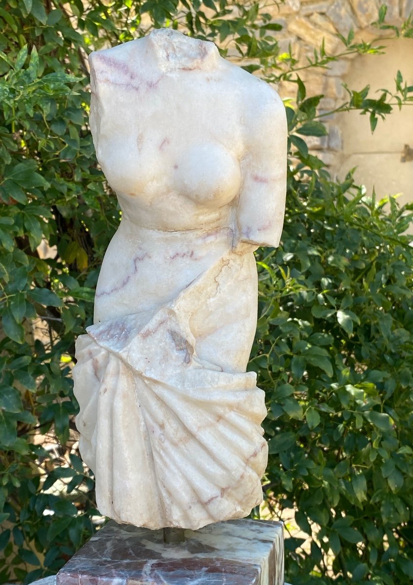 Sculpture Torso Of Woman In Veined White Marble Draped In Antique-photo-2