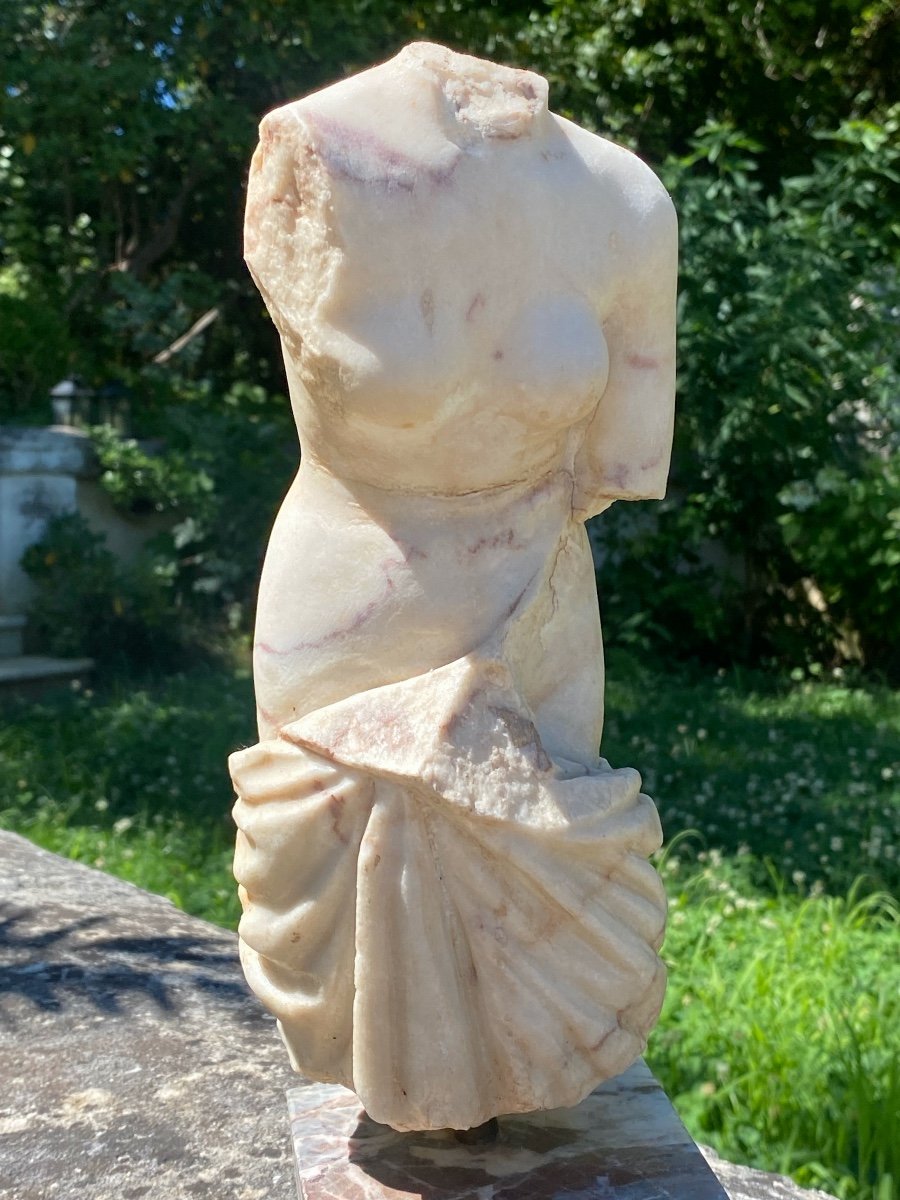 Sculpture Torso Of Woman In Veined White Marble Draped In Antique-photo-4