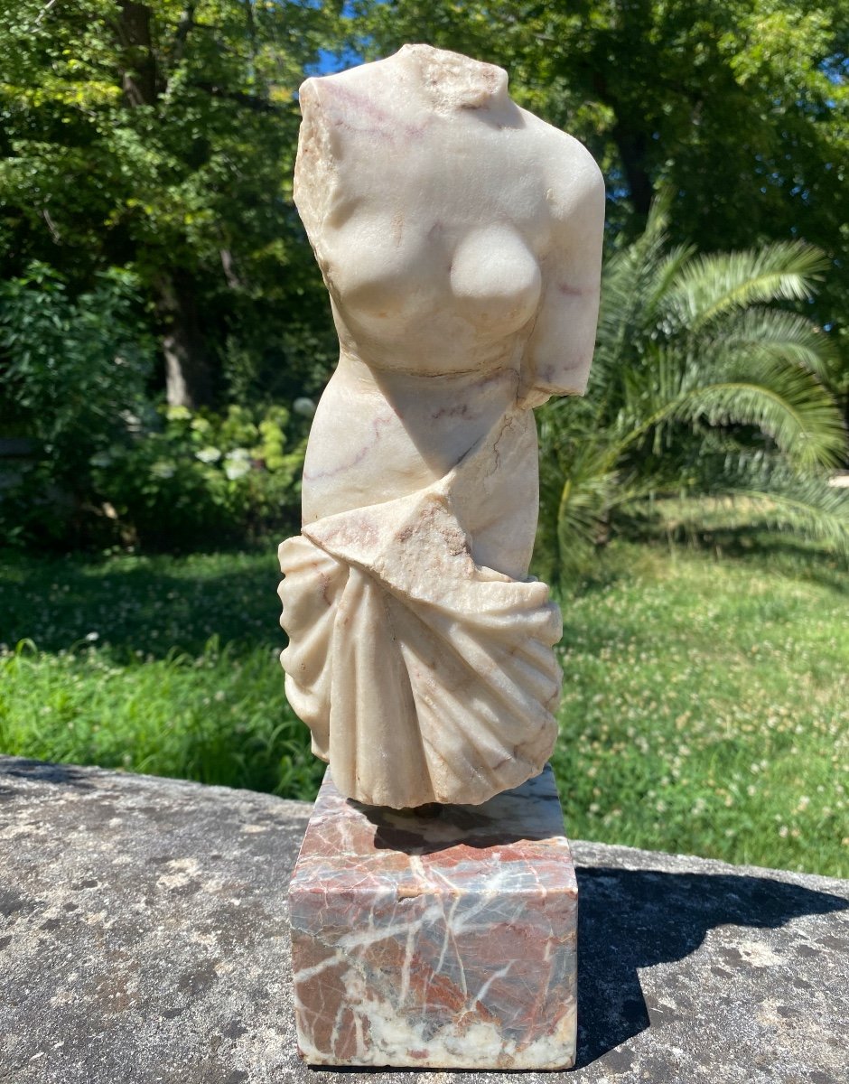 Sculpture Torso Of Woman In Veined White Marble Draped In Antique-photo-7