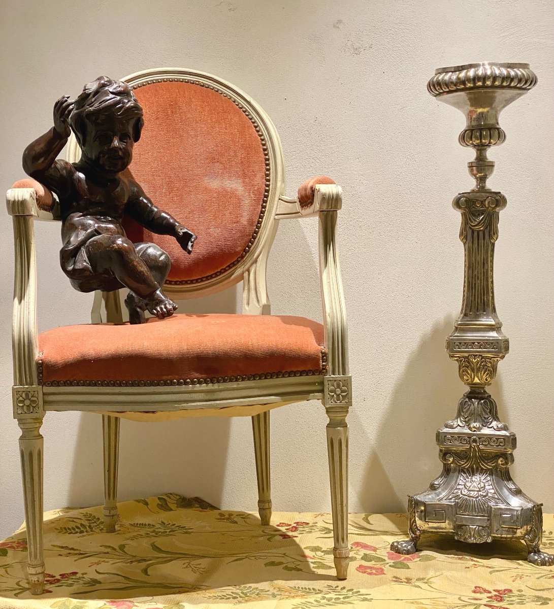 Louis XVI Period Altar Candlestick In Bronze And Silver Metal Tripod Base Griffons Foot