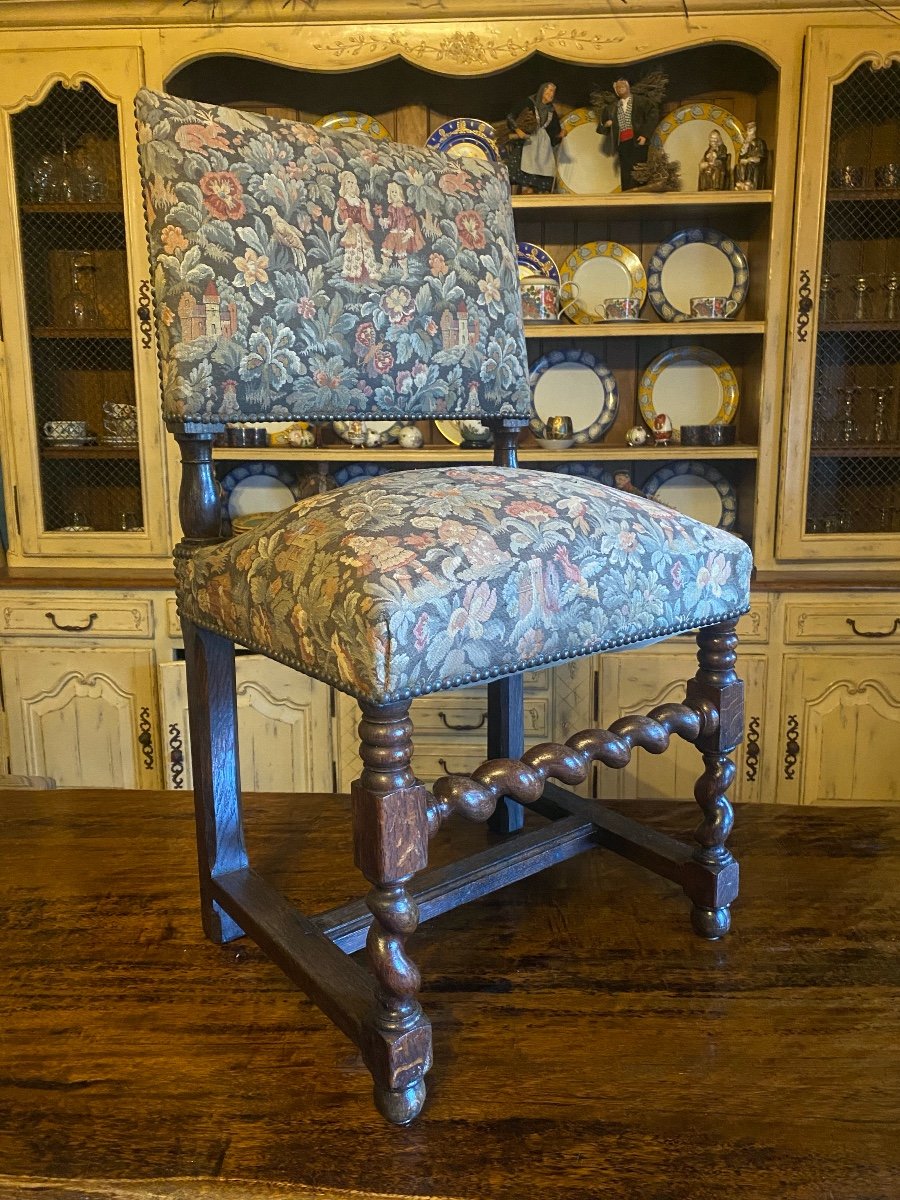 Four 19th Century Solid Oak Chairs With Twisted Legs Upholstered With Greenery Tapestry-photo-3