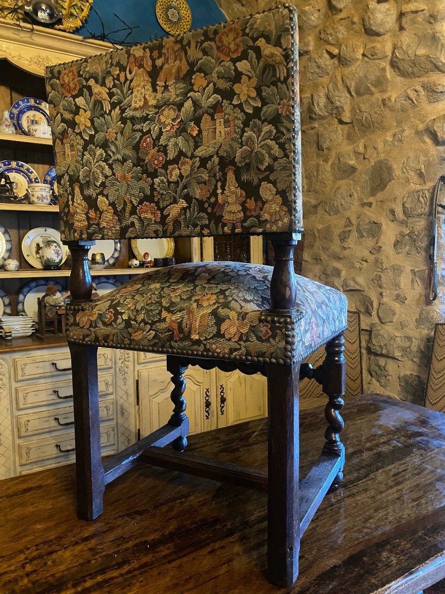 Four 19th Century Solid Oak Chairs With Twisted Legs Upholstered With Greenery Tapestry-photo-3