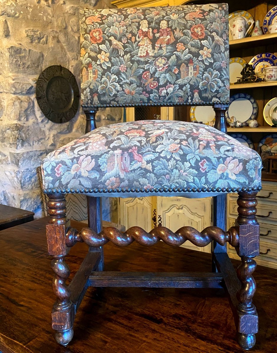 Four 19th Century Solid Oak Chairs With Twisted Legs Upholstered With Greenery Tapestry-photo-6