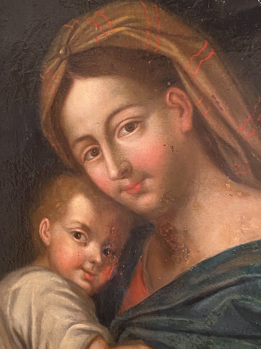 Painting Of The Virgin And Child Oil On Canvas XVIIth Century After Raphael-photo-2