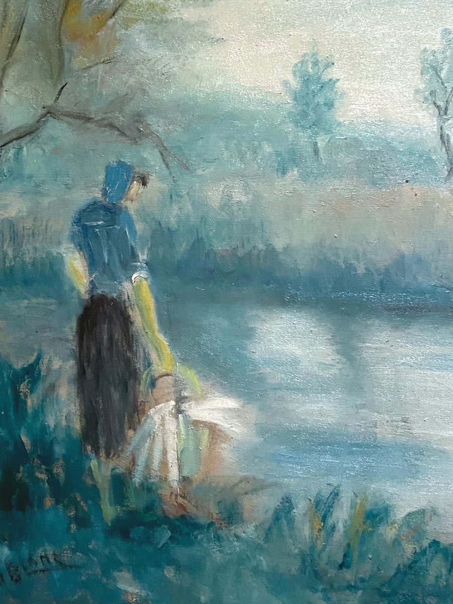 Les  Lavandières  Tableau à l'Huile Sur Toile  De Auguste Blanc  Peintre Cevenol 1904_1984-photo-3