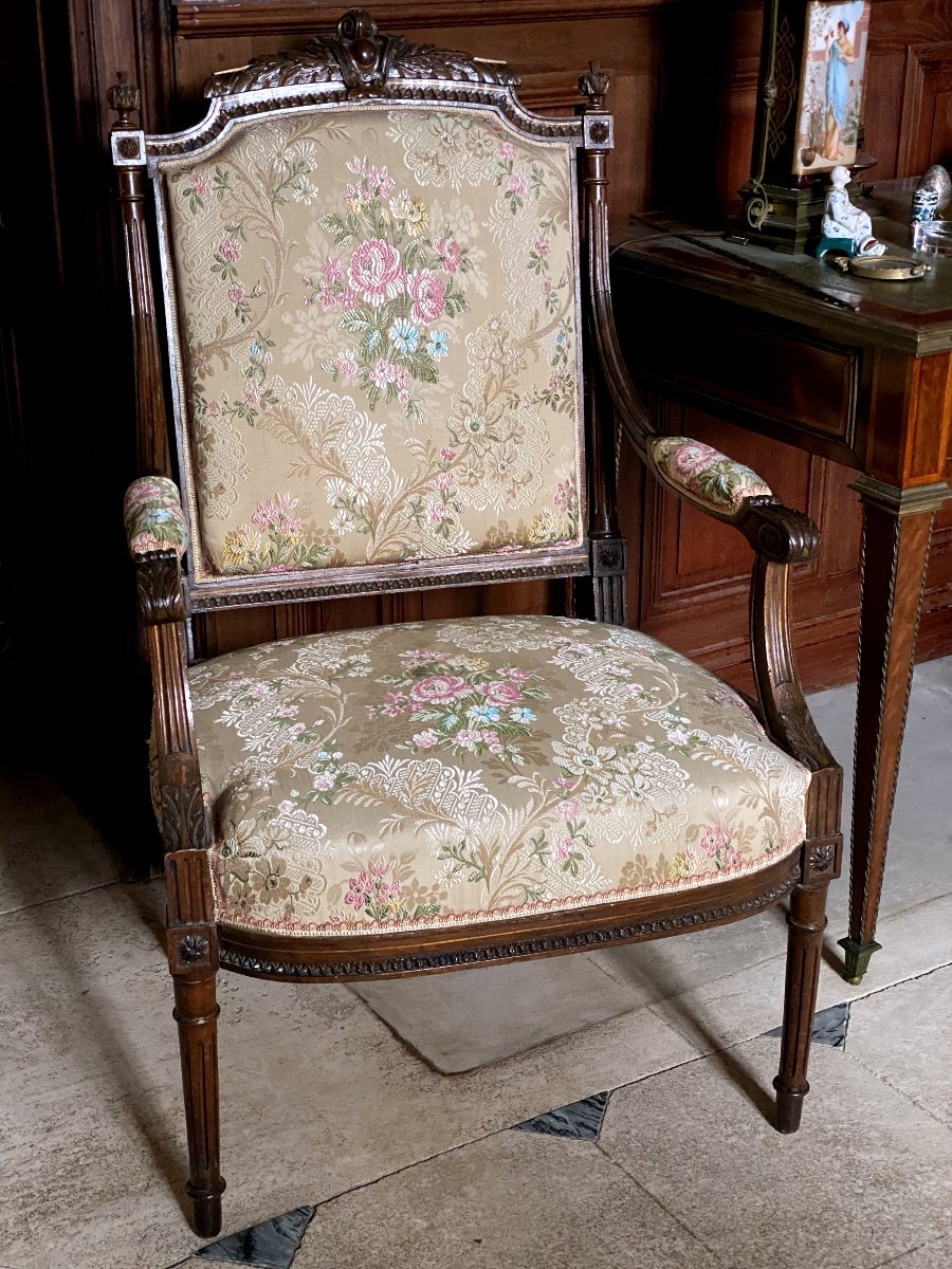 Pair Of Queen Armchairs Upholstered With Damask Fabric Decorated With Roses Napoleon III Period-photo-2