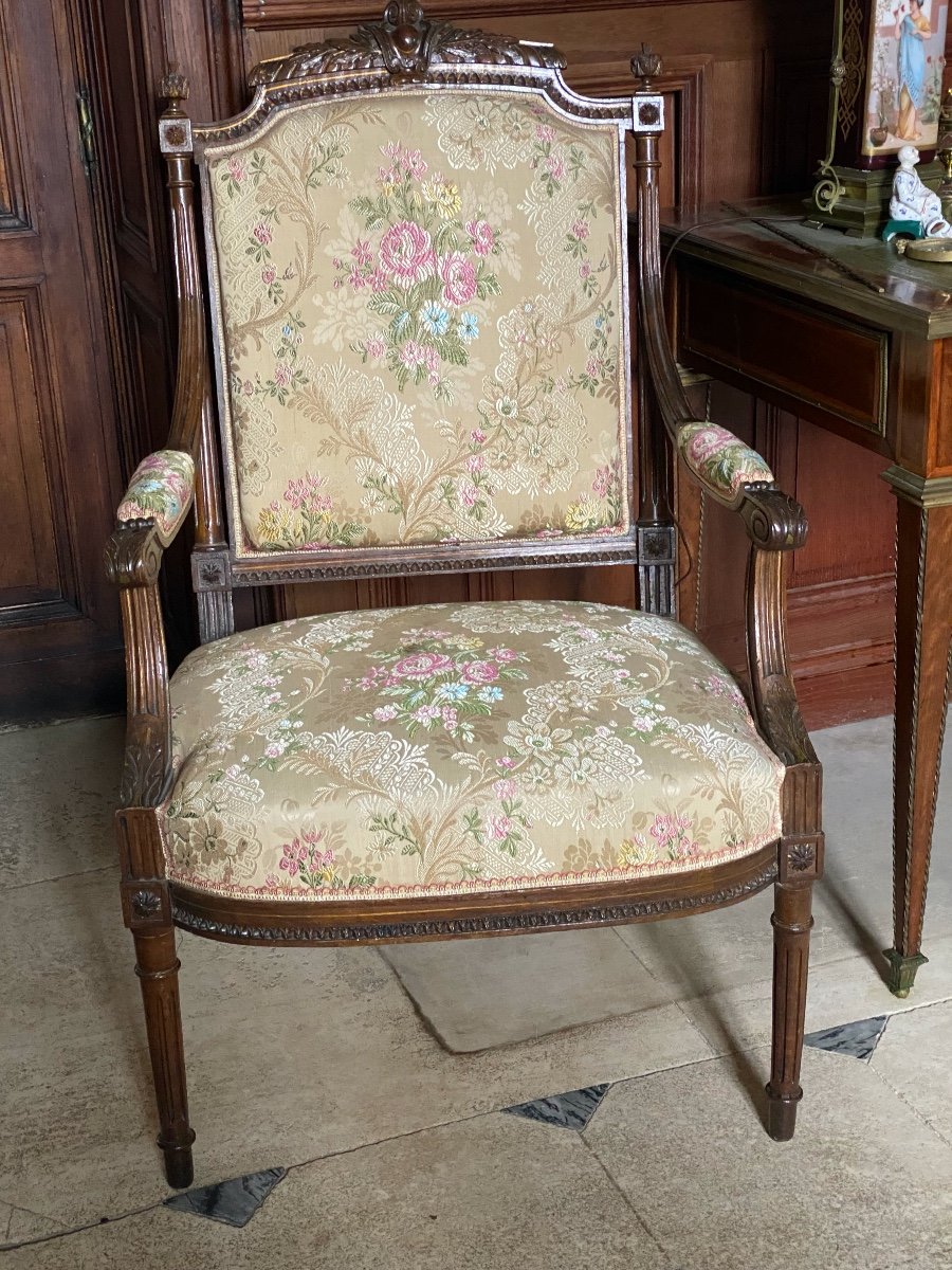 Pair Of Queen Armchairs Upholstered With Damask Fabric Decorated With Roses Napoleon III Period-photo-1