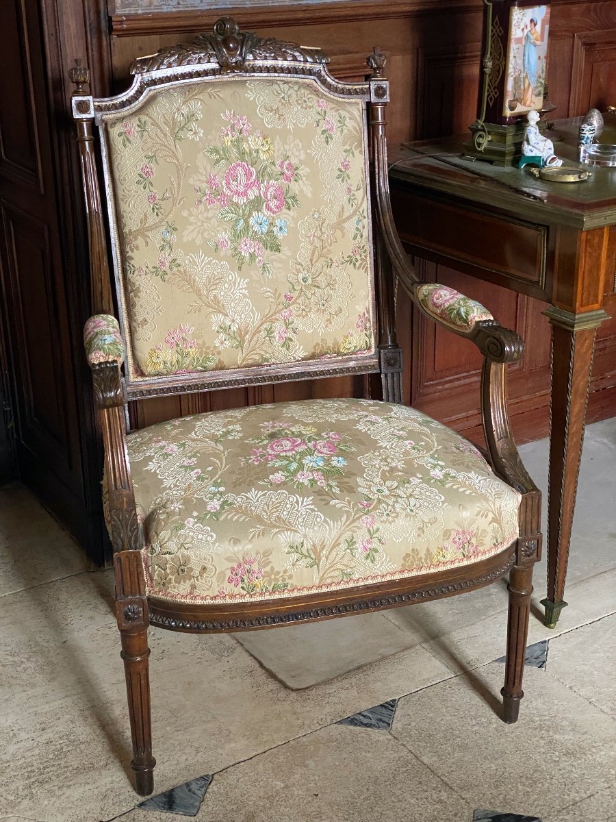 Pair Of Queen Armchairs Upholstered With Damask Fabric Decorated With Roses Napoleon III Period-photo-3