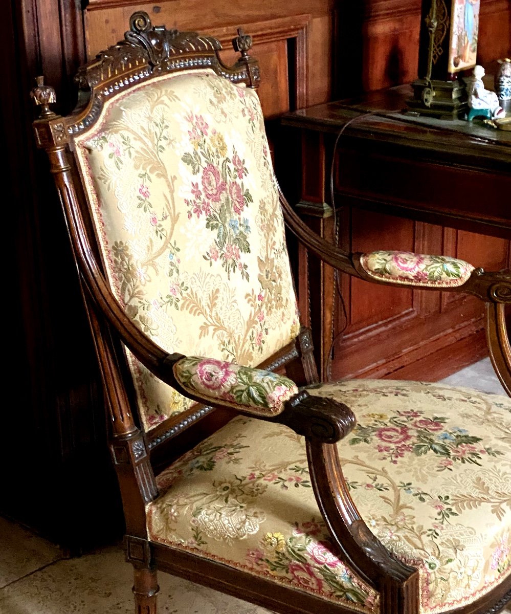 Pair Of Queen Armchairs Upholstered With Damask Fabric Decorated With Roses Napoleon III Period-photo-6