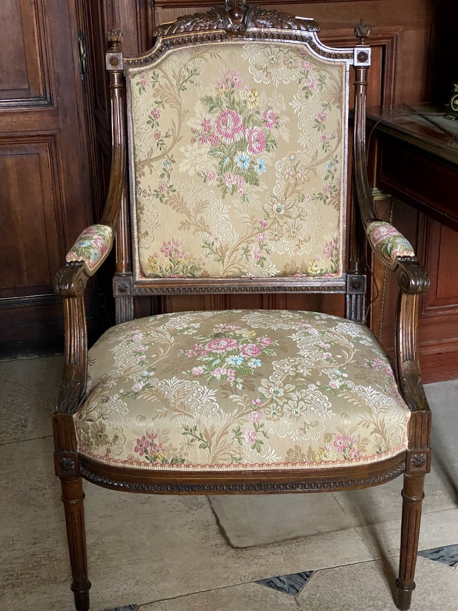 Pair Of Queen Armchairs Upholstered With Damask Fabric Decorated With Roses Napoleon III Period