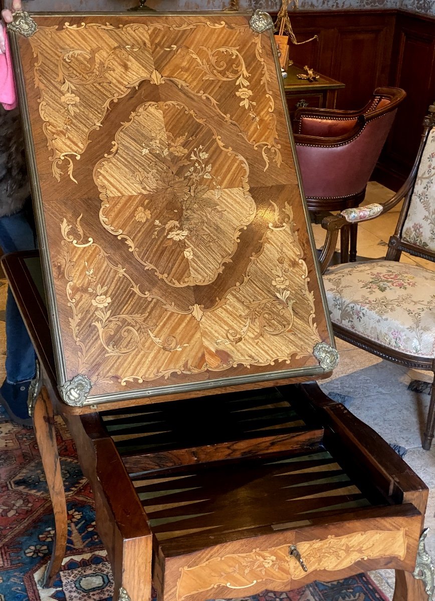 Table  à Jeux  De Salon Avec Tric Trac   En Marqueterie Sur  Bois De Rose   Et Bronzes  XIX èm-photo-2