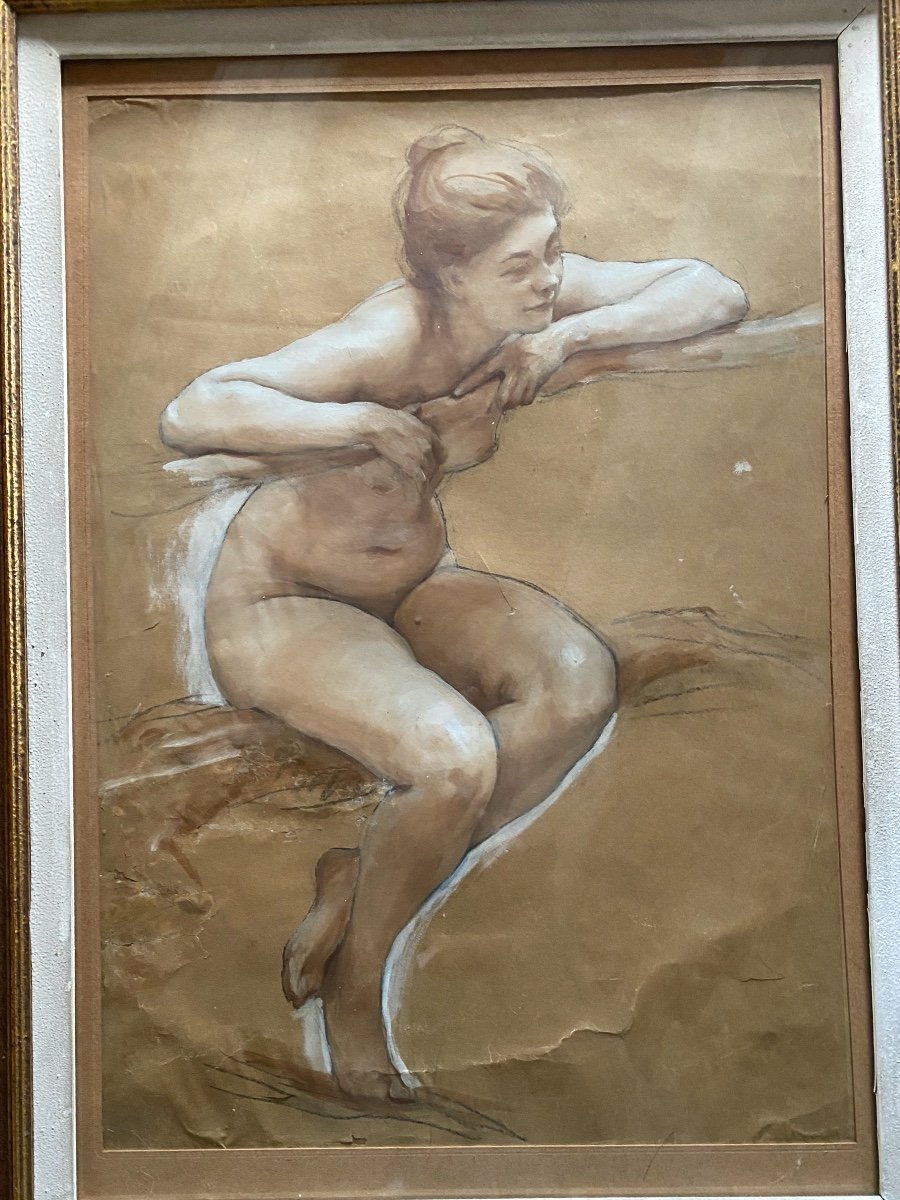 Dessin  Au Fusain  XIX è  De Jeune Femme Nue  S'appuyant Sur Une Branche  Au  Visage  Souriant -photo-2