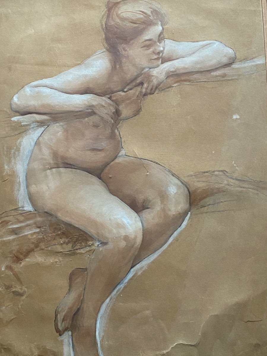 Dessin  Au Fusain  XIX è  De Jeune Femme Nue  S'appuyant Sur Une Branche  Au  Visage  Souriant -photo-3