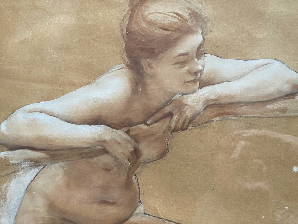 Dessin  Au Fusain  XIX è  De Jeune Femme Nue  S'appuyant Sur Une Branche  Au  Visage  Souriant -photo-5