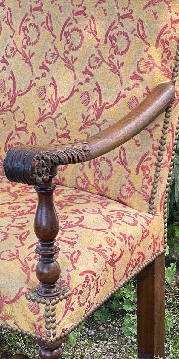 Armchair In Solid Walnut Period 17 Th Century  Covered With  Fabric   Bordeaux On Gold -photo-4