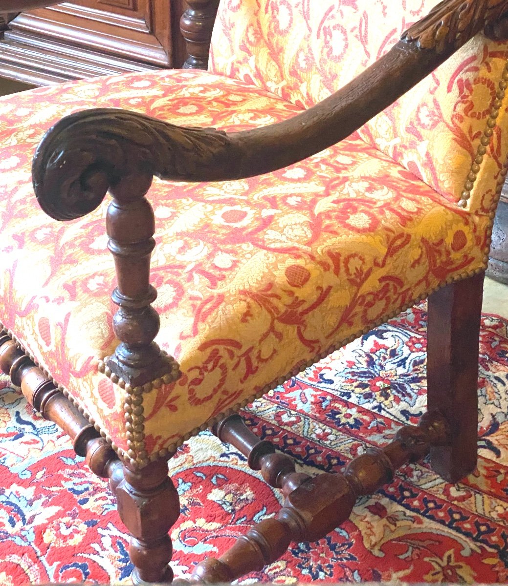 Louis XIII Period Armchair From The 17th Century In Walnut Upholstered With Bordeaux Ramagres Fabric On A Gold Background-photo-2