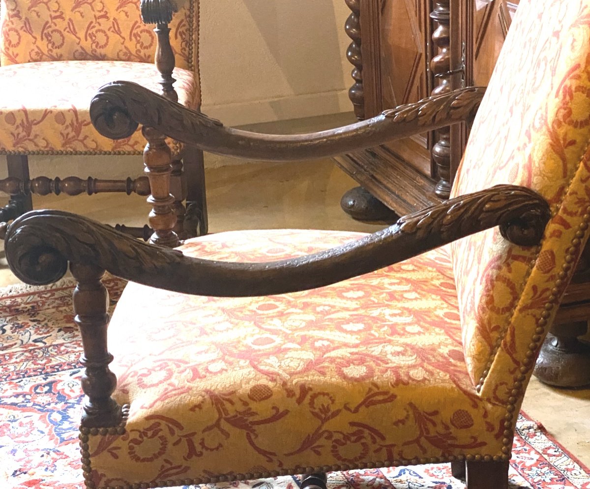 Louis XIII Period Armchair From The 17th Century In Walnut Upholstered With Bordeaux Ramagres Fabric On A Gold Background-photo-3