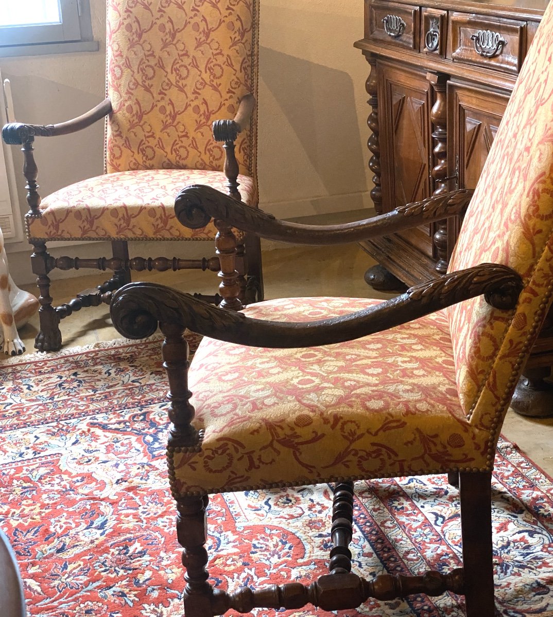 Louis XIII Period Armchair From The 17th Century In Walnut Upholstered With Bordeaux Ramagres Fabric On A Gold Background-photo-4