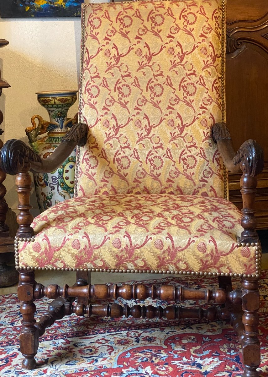 Louis XIII Period Armchair From The 17th Century In Walnut Upholstered With Bordeaux Ramagres Fabric On A Gold Background-photo-1