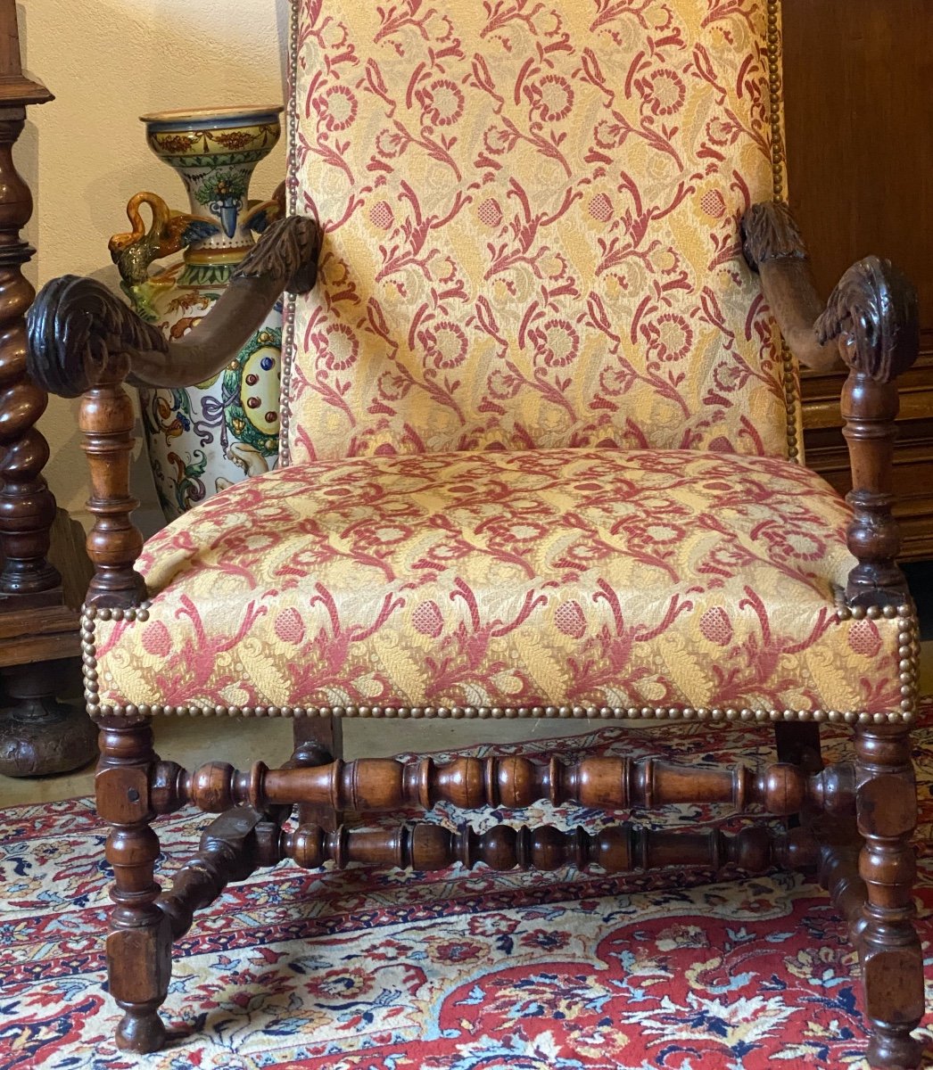 Louis XIII Period Armchair From The 17th Century In Walnut Upholstered With Bordeaux Ramagres Fabric On A Gold Background-photo-2