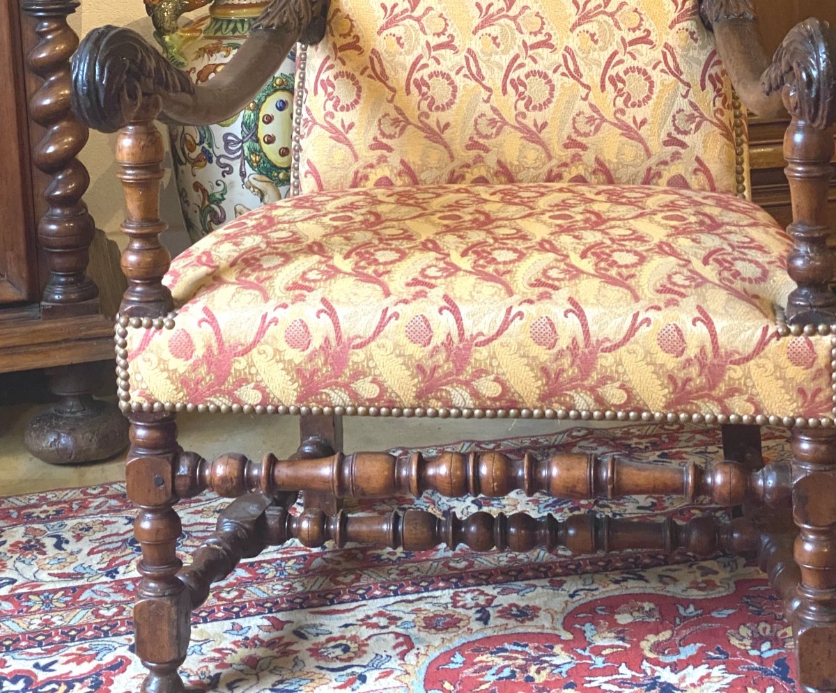 Louis XIII Period Armchair From The 17th Century In Walnut Upholstered With Bordeaux Ramagres Fabric On A Gold Background-photo-3