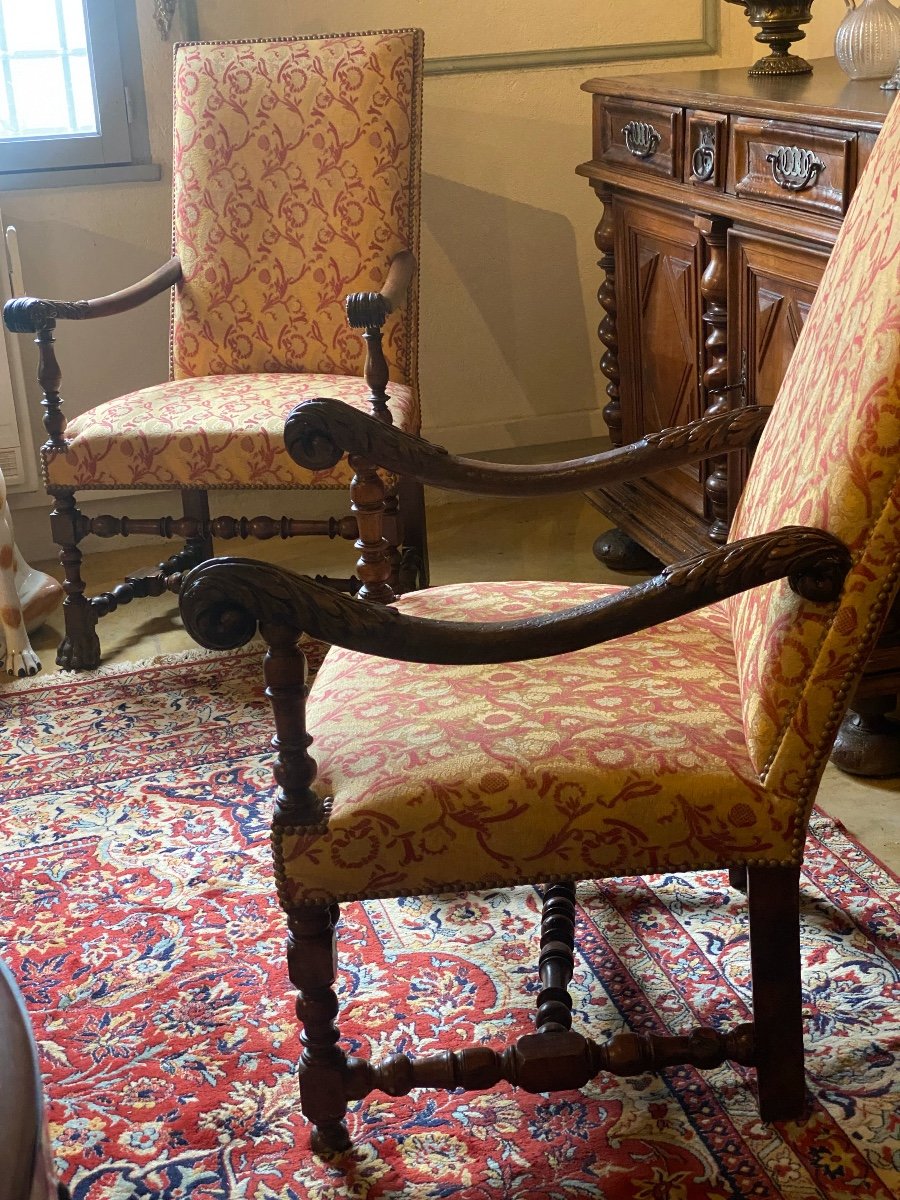 Louis XIII Period Armchair From The 17th Century In Walnut Upholstered With Bordeaux Ramagres Fabric On A Gold Background-photo-6