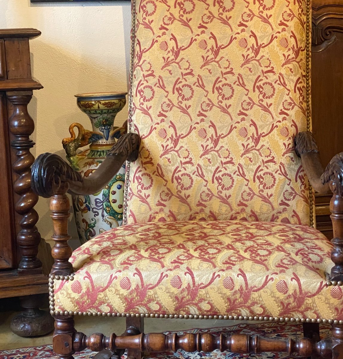 Louis XIII Period Armchair From The 17th Century In Walnut Upholstered With Bordeaux Ramagres Fabric On A Gold Background-photo-7