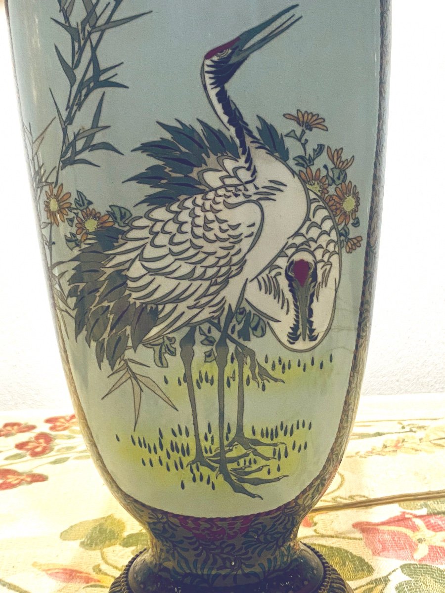 Vase En Porcelaine Sur Bronze XIX   Ovoide  Faces  Peintes Huron Et Canard  Sur  Fond Cloisonné-photo-2