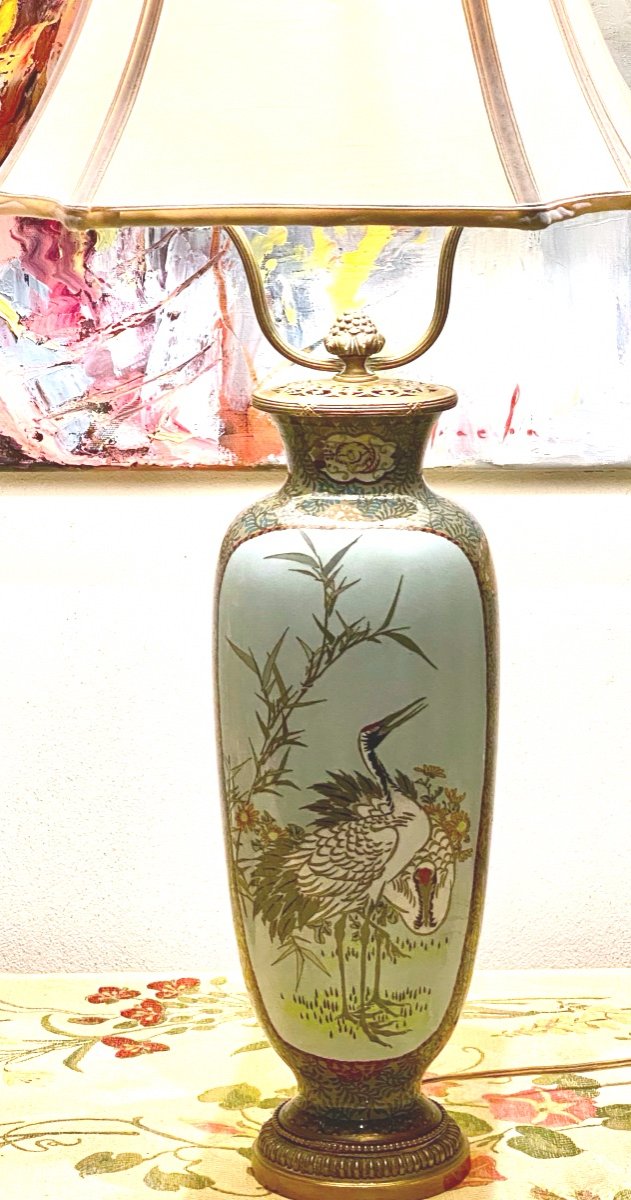 Vase 19th  Century Hand Painted On Cloisonné Back  Mounted As Lamp-photo-4