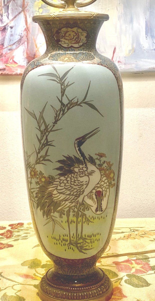 Vase En Porcelaine Sur Bronze XIX   Ovoide  Faces  Peintes Huron Et Canard  Sur  Fond Cloisonné-photo-4