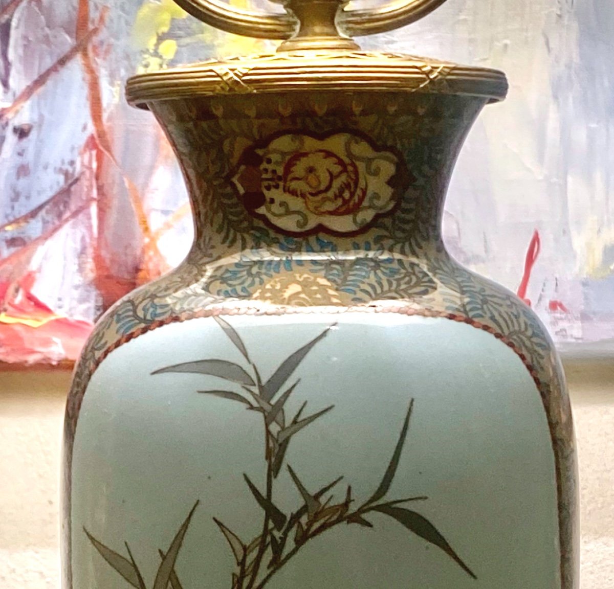 Vase En Porcelaine Sur Bronze XIX   Ovoide  Faces  Peintes Huron Et Canard  Sur  Fond Cloisonné-photo-5