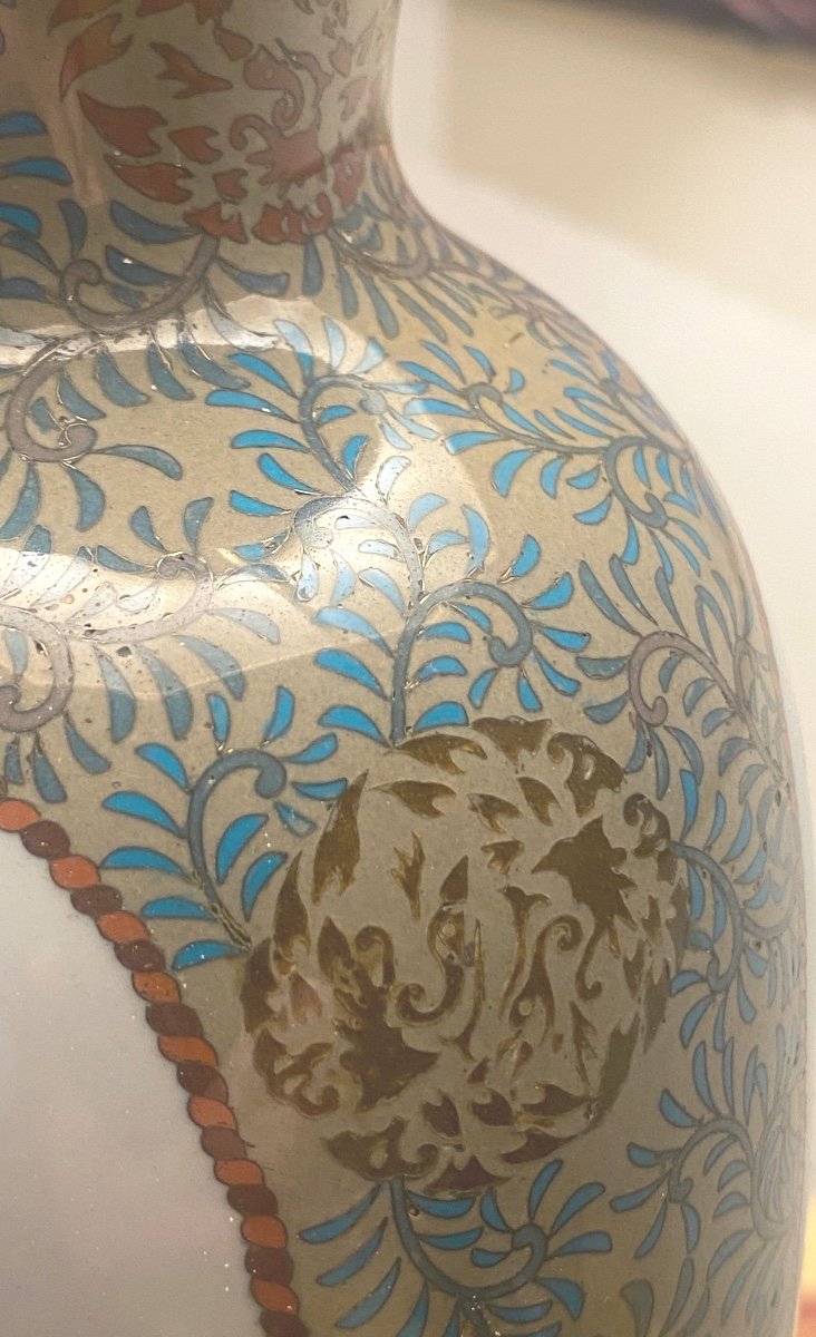 Vase En Porcelaine Sur Bronze XIX   Ovoide  Faces  Peintes Huron Et Canard  Sur  Fond Cloisonné-photo-7