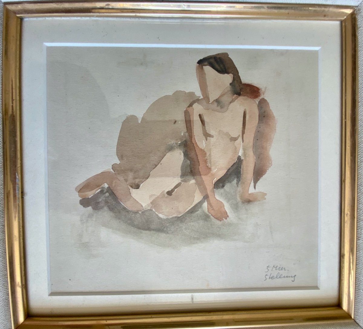 Expressionist Watercolor Drawing Nude Woman Leaning Half-seated On One Arm Signed-photo-3