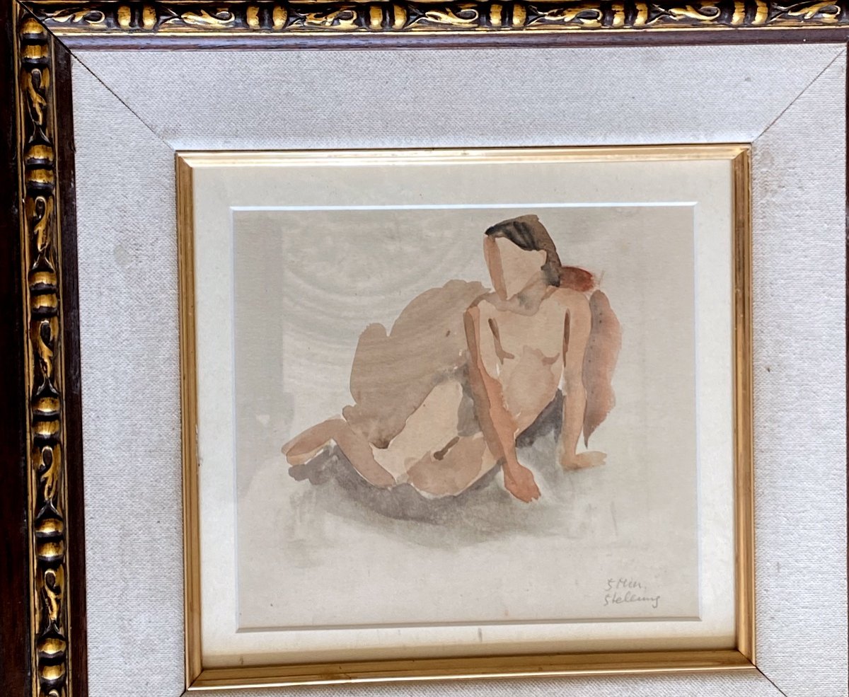 Expressionist Watercolor Drawing Nude Woman Leaning Half-seated On One Arm Signed-photo-1