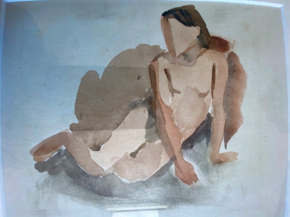 Expressionist Watercolor Drawing Nude Woman Leaning Half-seated On One Arm Signed-photo-2