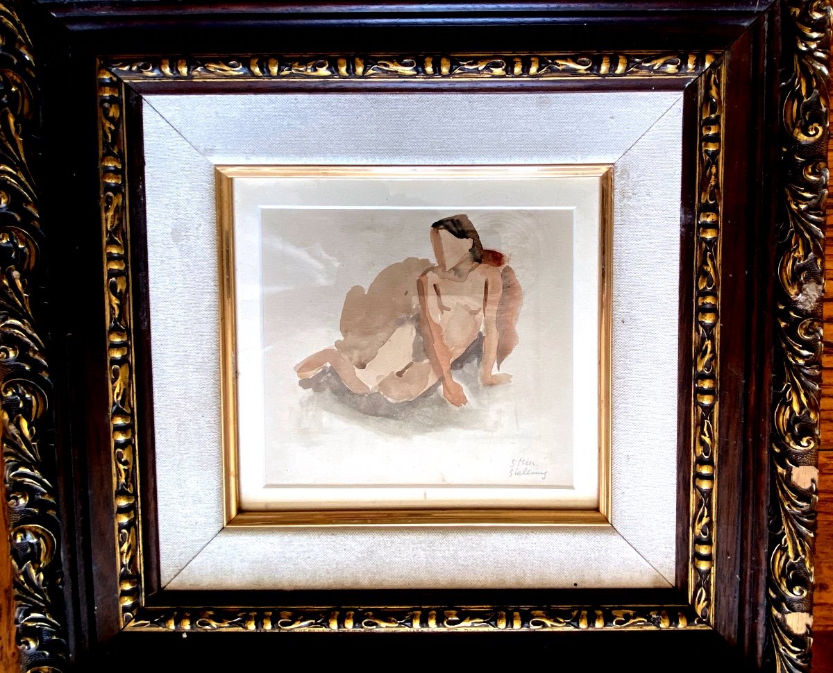 Expressionist Watercolor Drawing Nude Woman Leaning Half-seated On One Arm Signed