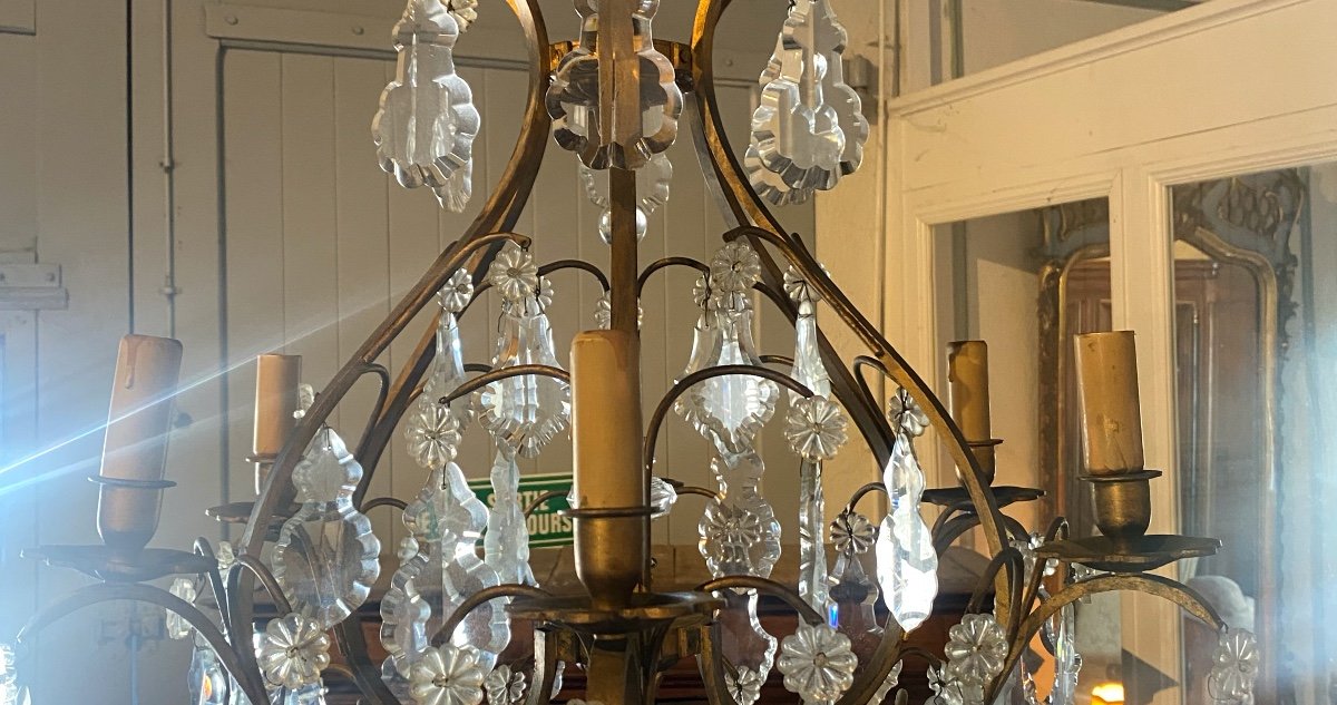 Six Branch Cage Chandelier In Old Gold Gilded Brass With Tassels And Crystal Pendants-photo-4