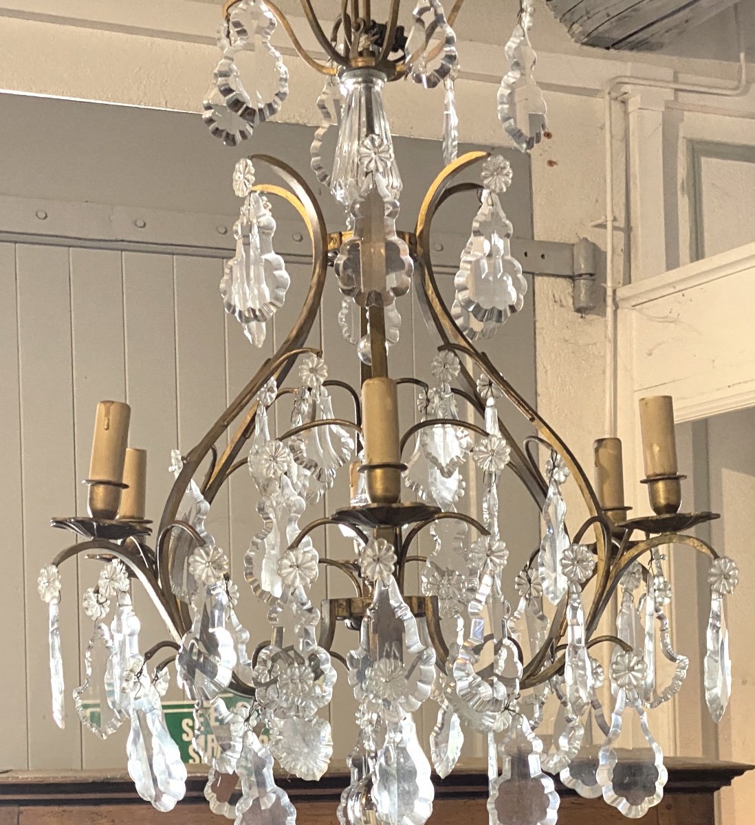 Six Branch Cage Chandelier In Old Gold Gilded Brass With Tassels And Crystal Pendants