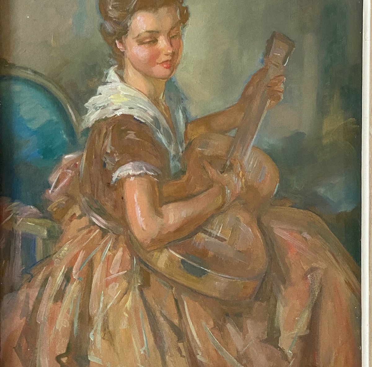 portrait  gouaché d'une  Jeune Personne  à La Guitare   Signé  Robert Lepeltier 1913- 1900-photo-3