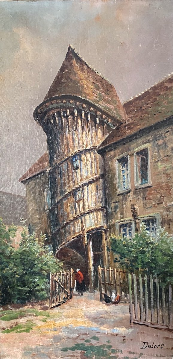 19th Century Painting Of The Staircase Of Queen Berthe In Chartres Signed Delort