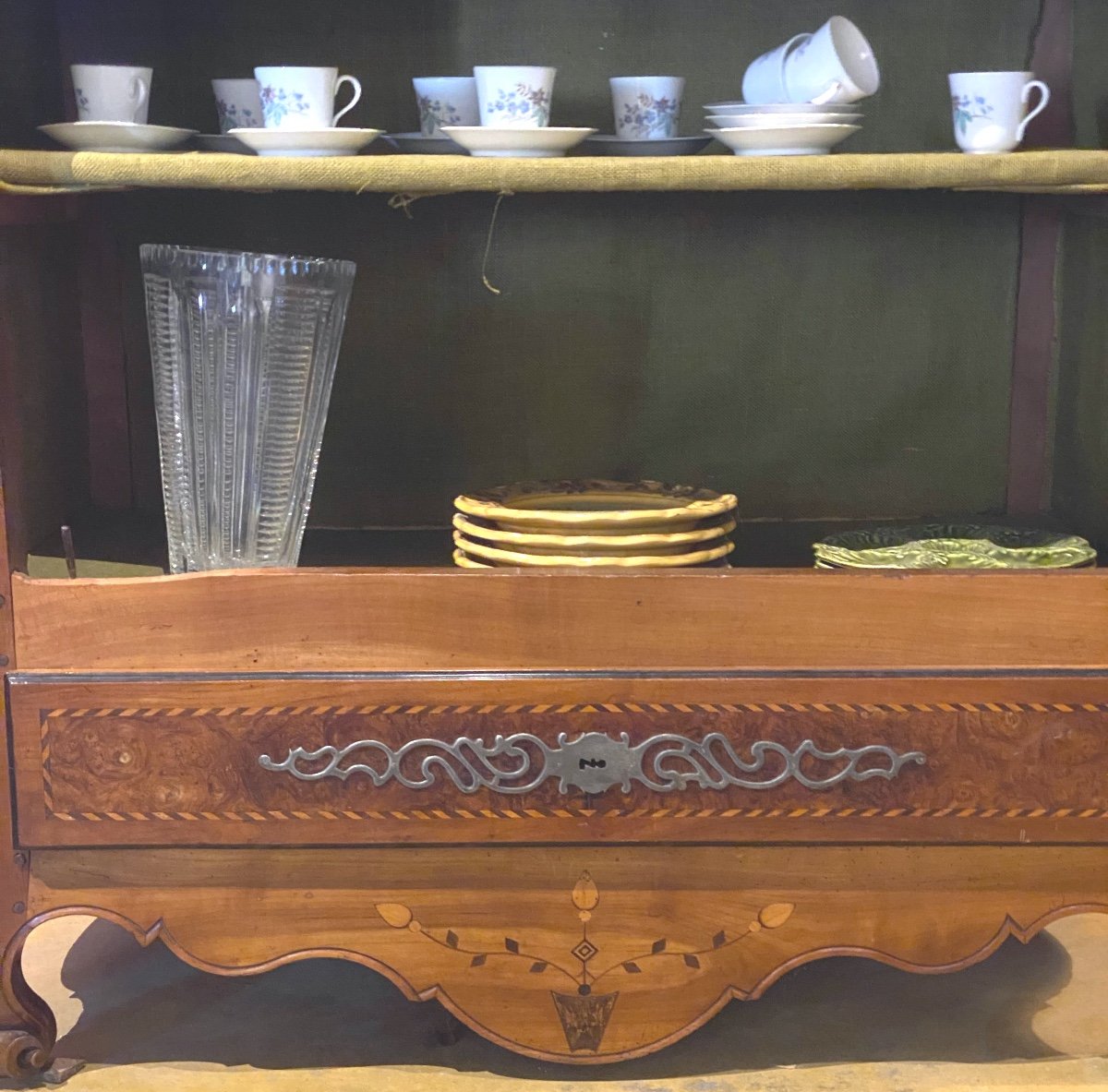 19th Century Cherrywood Bonnetière, Elm Burl Veneer Panel And Marquetry Motifs-photo-2