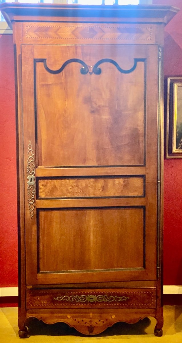 19th Century Cherrywood Bonnetière, Elm Burl Veneer Panel And Marquetry Motifs-photo-4