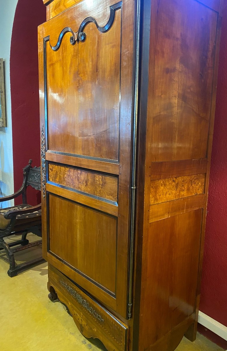 19th Century Cherrywood Bonnetière, Elm Burl Veneer Panel And Marquetry Motifs-photo-5