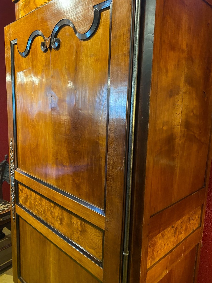 19th Century Cherrywood Bonnetière, Elm Burl Veneer Panel And Marquetry Motifs-photo-8