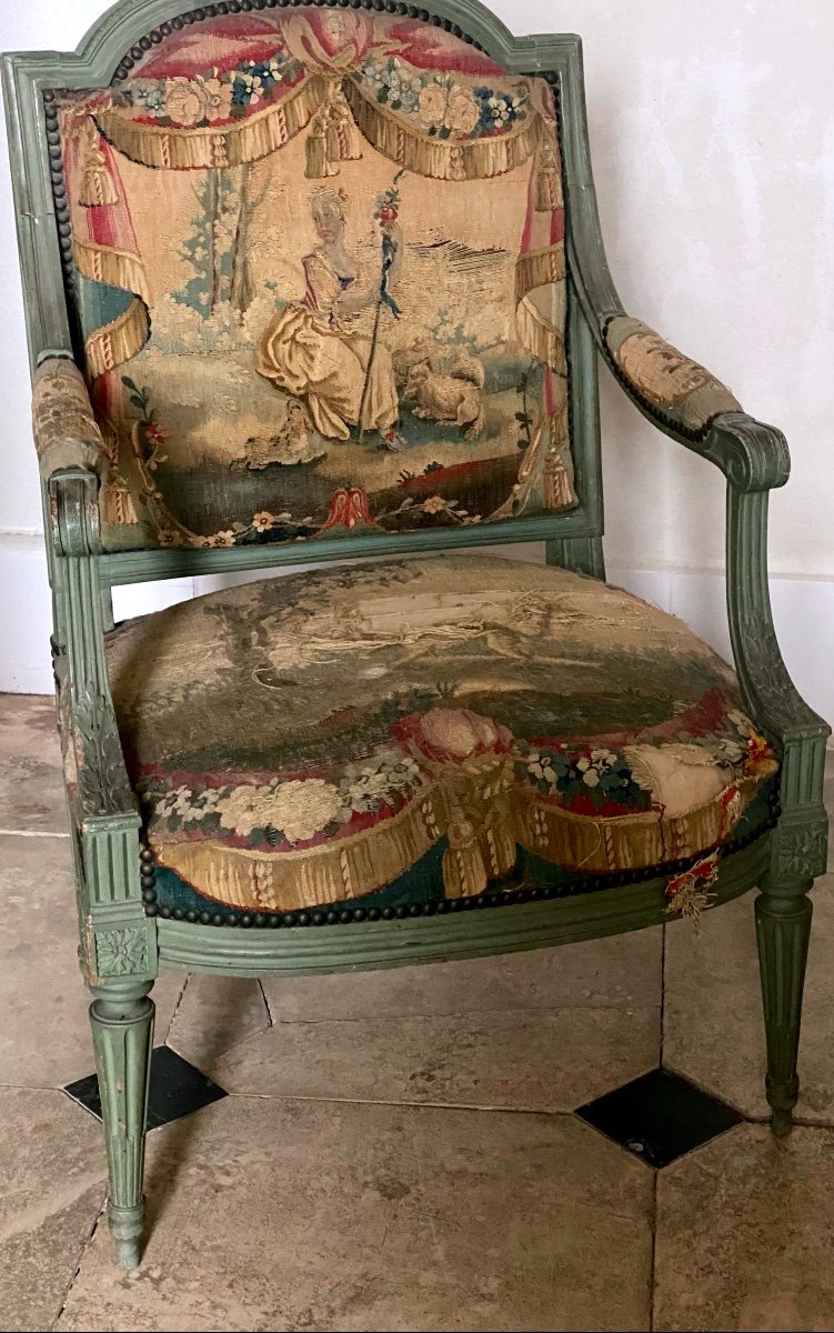 Pair Of Louis XVI Period Armchairs Stamped By Sené, Upholstered In Aubusson Tapestry-photo-2